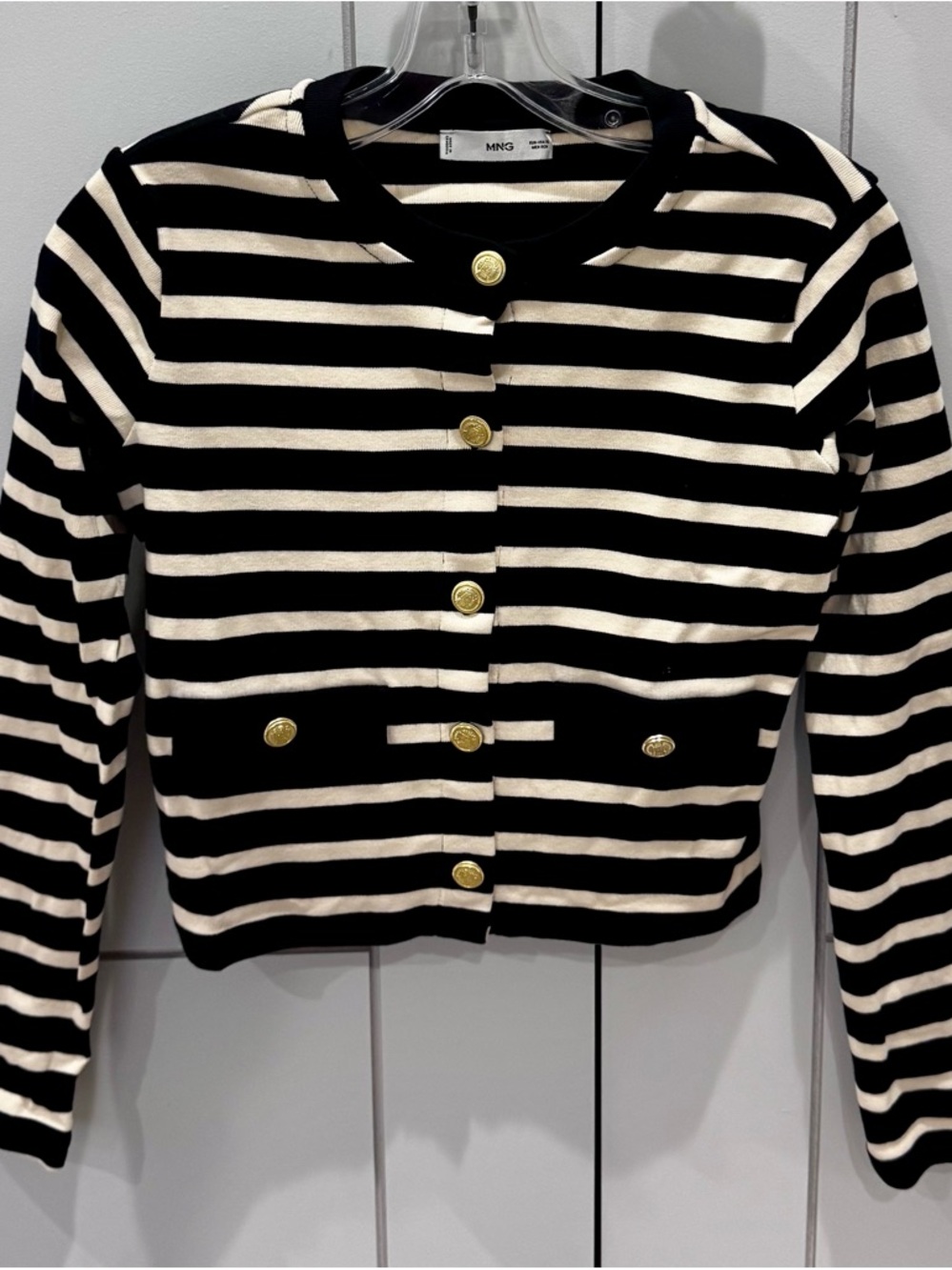 Mango Black & Cream Striped Cropped Button Jacket